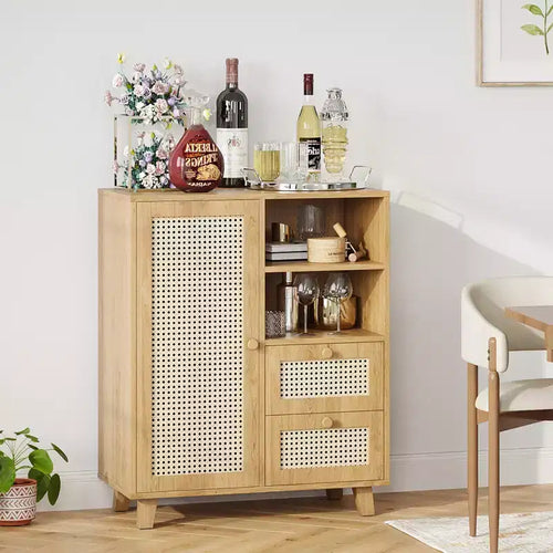 15-inch Rattan Sideboard with Adjustable Shelves and Smooth-Gliding Drawers, Natural Color