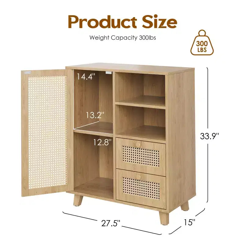 15-inch Rattan Sideboard with Adjustable Shelves and Smooth-Gliding Drawers, Natural Color