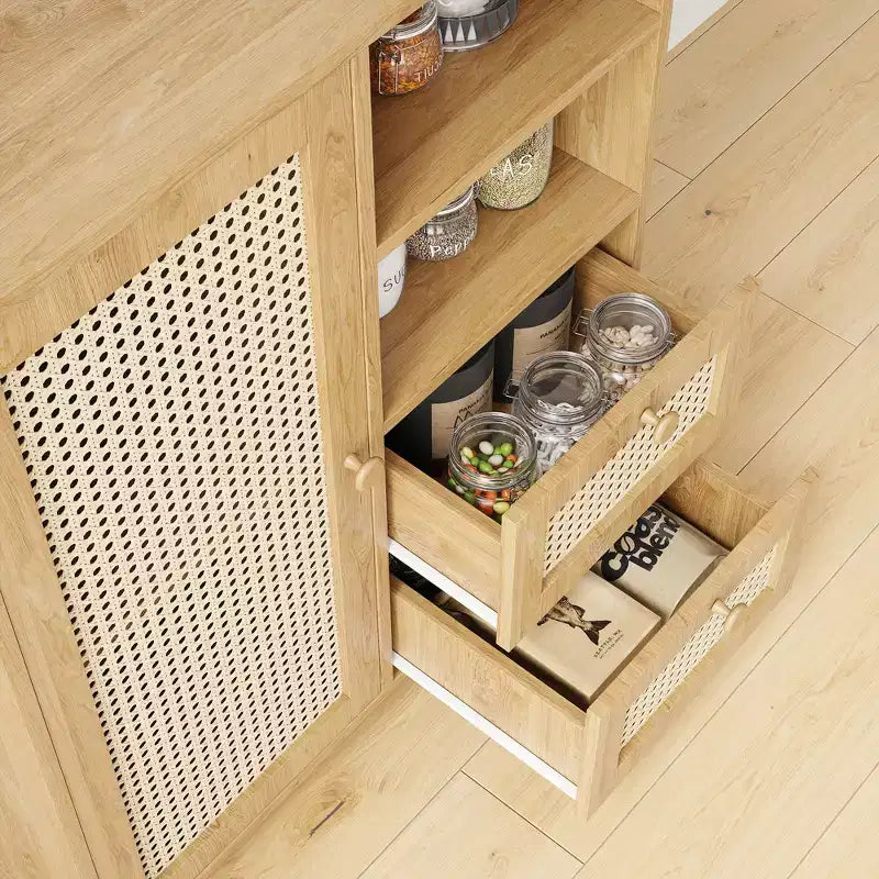 15-inch Rattan Sideboard with Adjustable Shelves and Smooth-Gliding Drawers, Natural Color