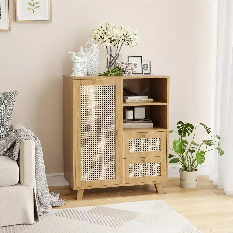 15-inch Rattan Sideboard with Adjustable Shelves and Smooth-Gliding Drawers, Natural Color