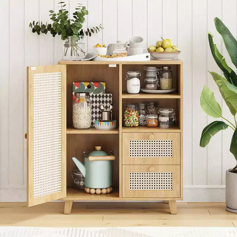 15-inch Rattan Sideboard with Adjustable Shelves and Smooth-Gliding Drawers, Natural Color