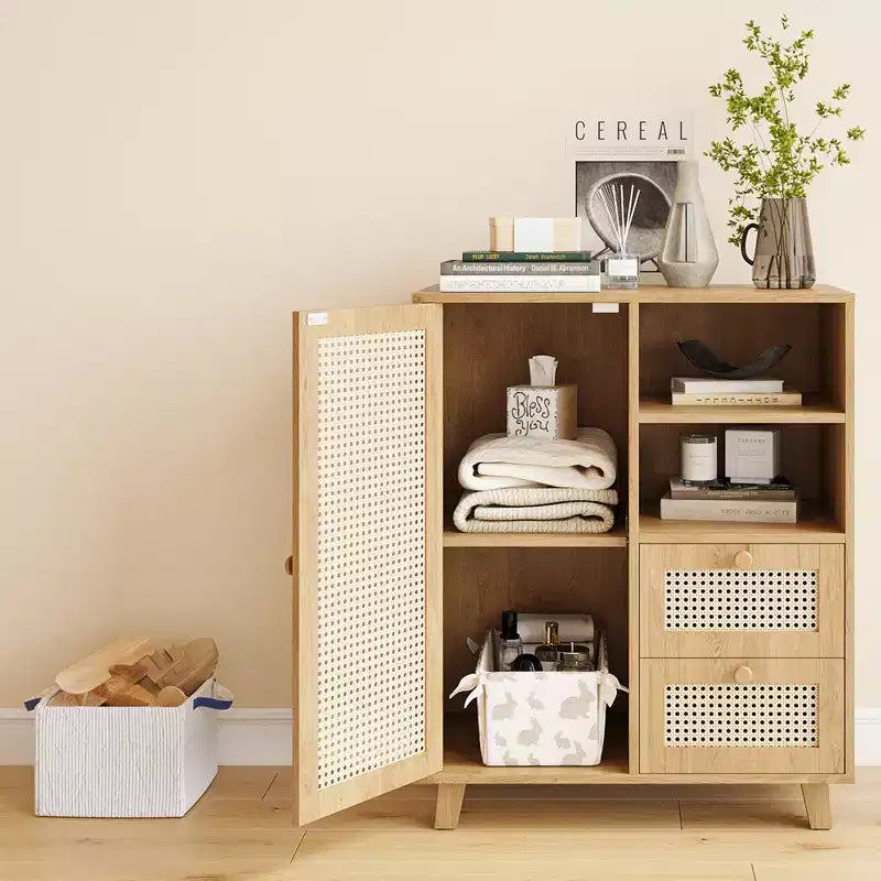 15-inch Rattan Sideboard with Adjustable Shelves and Smooth-Gliding Drawers, Natural Color