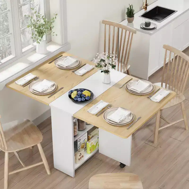 Tavolo da pranzo pieghevole a ribalta per 4 persone - 6 ruote, ripiano portaoggetti e cassetto