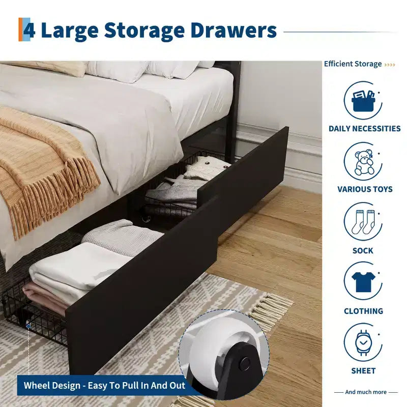 Boho Rattan Bed Frame with Headboard  Cane Platform, 4 Large Storage Drawers, Noise-Free Strong Metal Slats, Easy Assembly