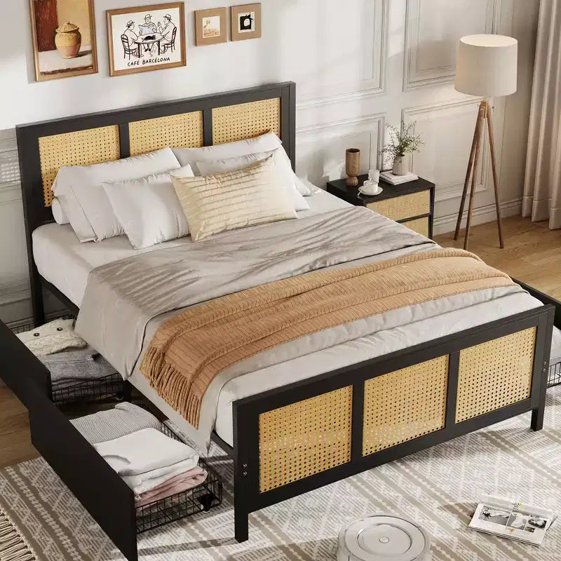 Boho Rattan Bed Frame with Headboard  Cane Platform, 4 Large Storage Drawers, Noise-Free Strong Metal Slats, Easy Assembly