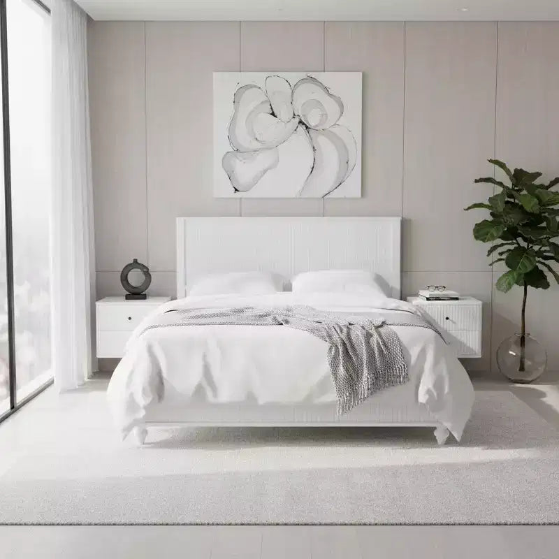 Queen/King Size Platform Bed Frame with Headboard & Footboard, Grooved Panels, Walnut/White