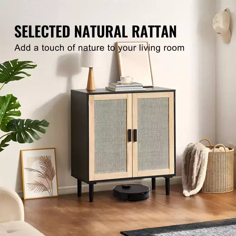 Credenza in Rattan con 2 Ante Magnetiche e Ripiani Regolabili Buffet Nero