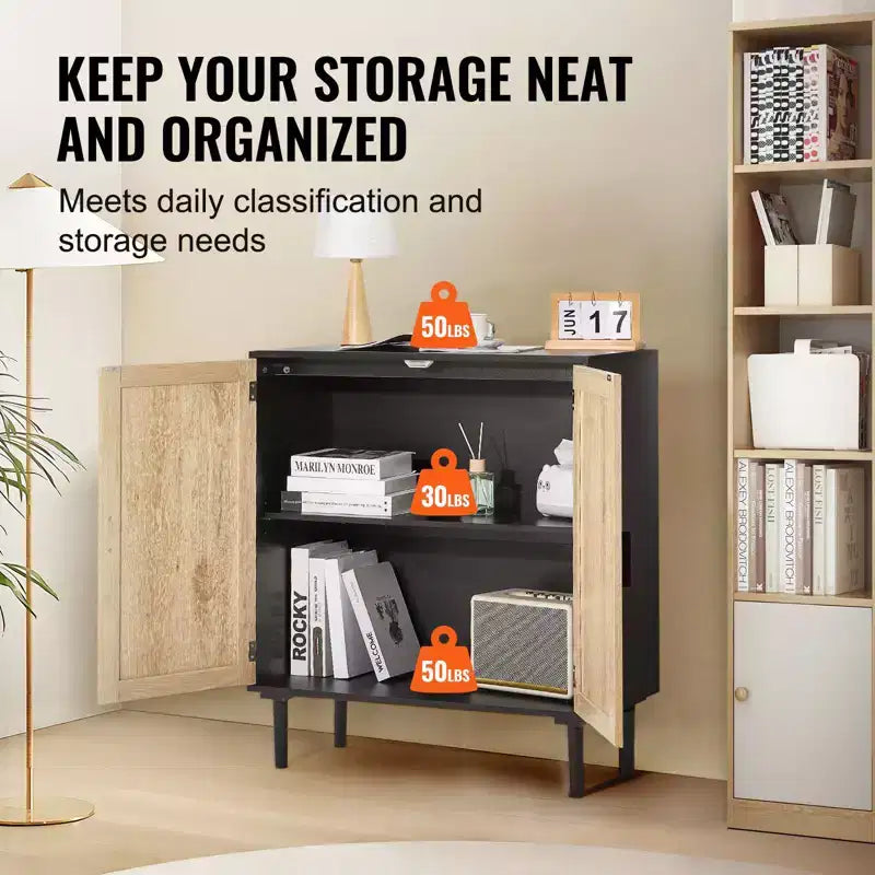 Credenza in Rattan con 2 Ante Magnetiche e Ripiani Regolabili Buffet Nero