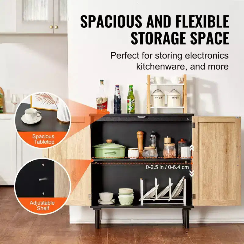 Rattan Storage Cabinet with 2 Magnetic Doors and Adjustable Shelves Sideboard Buffet Black
