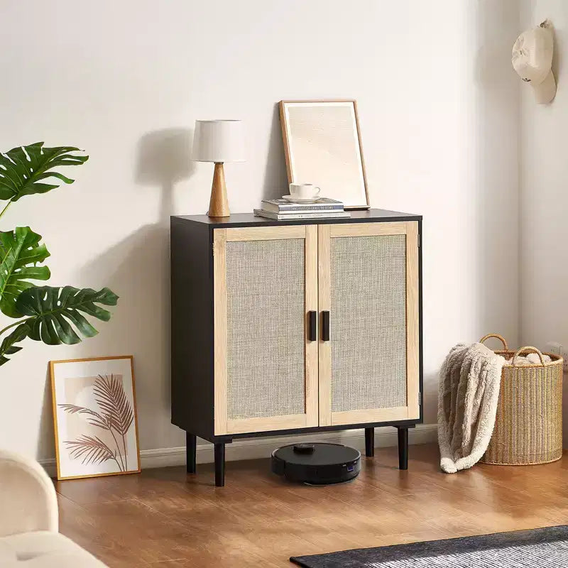 Credenza in Rattan con 2 Ante Magnetiche e Ripiani Regolabili Buffet Nero