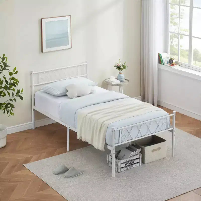 Metal Full Size Bed Frame, Platform Bed with Headboard and Footboard, Classic Iron-Art Design