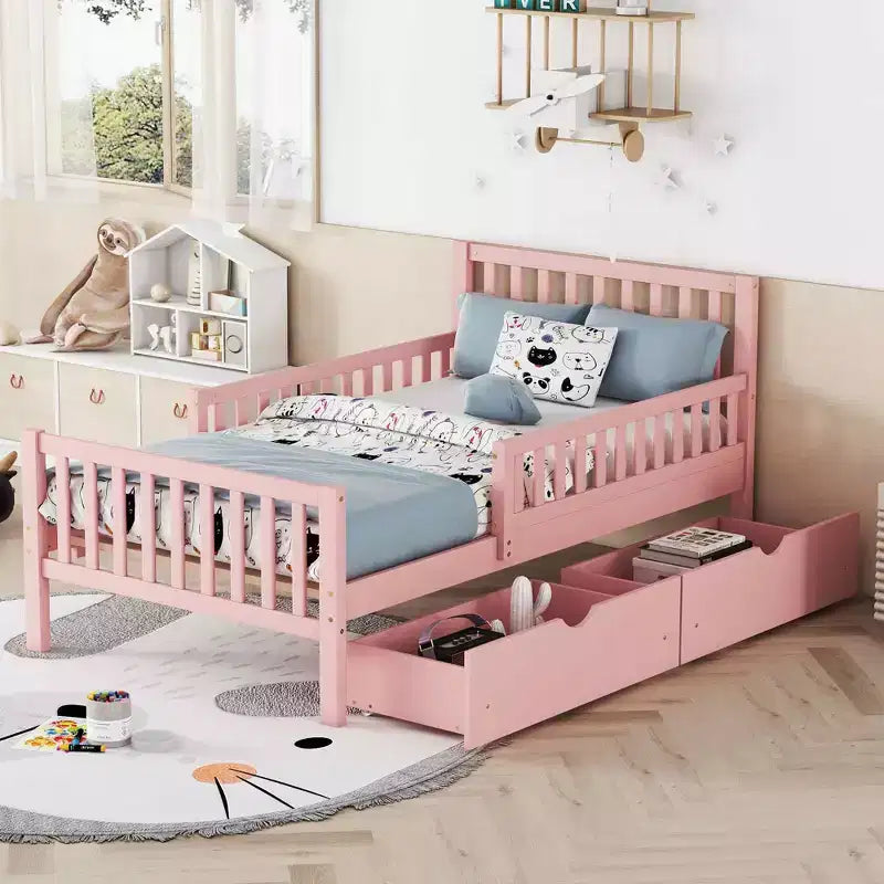 Letto a piattaforma in legno a una piazza e mezza con sponde di sicurezza su entrambi i lati e due cassetti portaoggetti, rosa