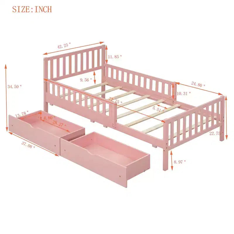 Twin Size Wood Platform Bed with Guardrails on Both Sides and Two Storage Drawers, Pink