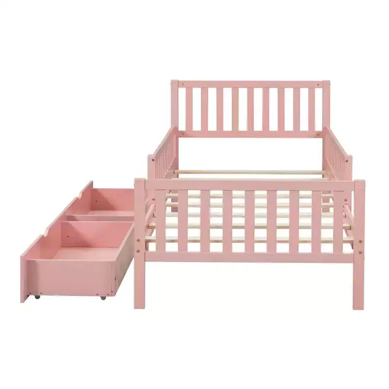 Twin Size Wood Platform Bed with Guardrails on Both Sides and Two Storage Drawers, Pink