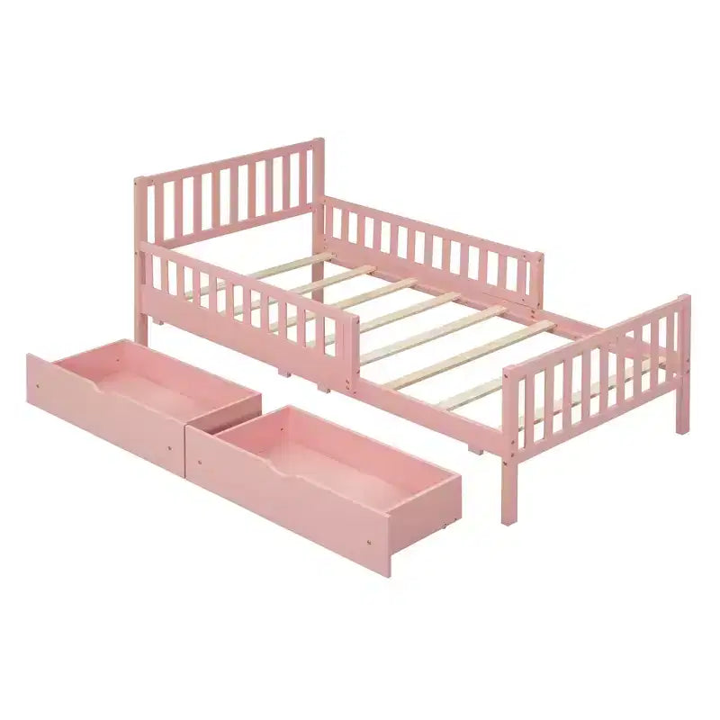 Twin Size Wood Platform Bed with Guardrails on Both Sides and Two Storage Drawers, Pink