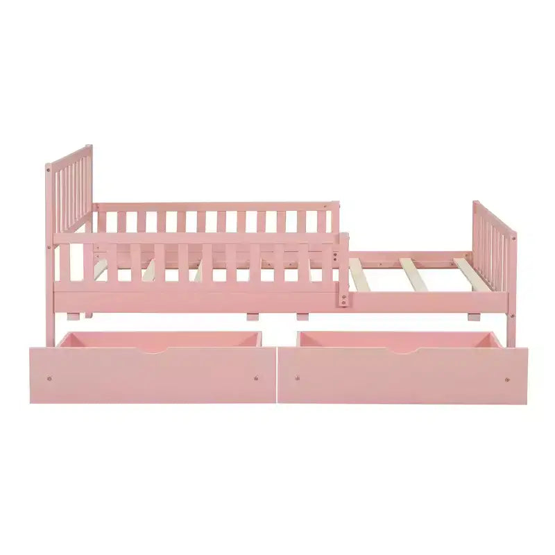 Letto a piattaforma in legno a una piazza e mezza con sponde di sicurezza su entrambi i lati e due cassetti portaoggetti, rosa
