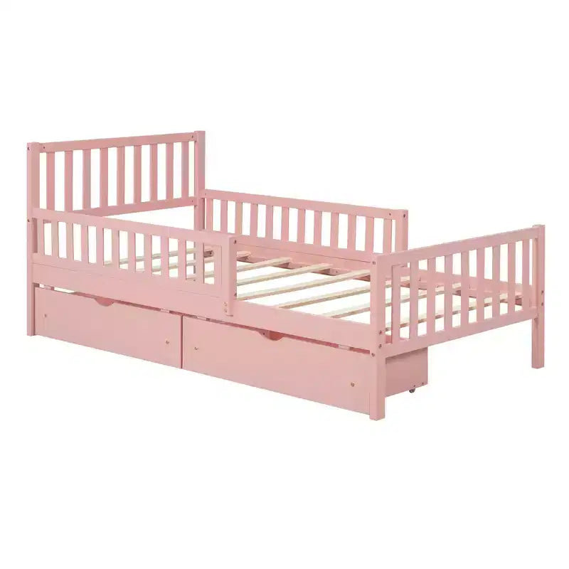 Letto a piattaforma in legno a una piazza e mezza con sponde di sicurezza su entrambi i lati e due cassetti portaoggetti, rosa