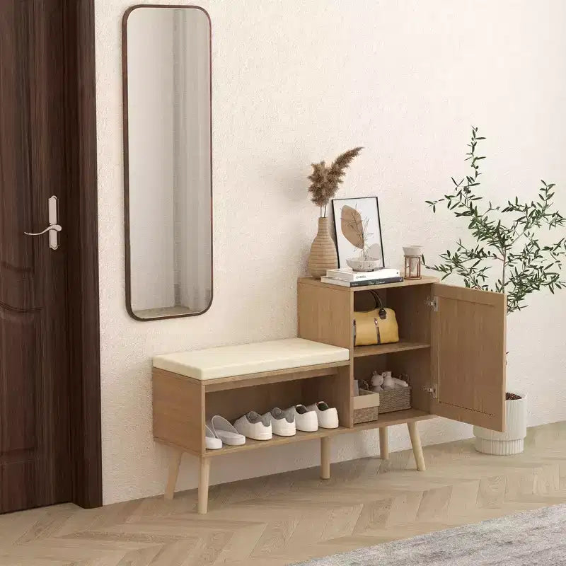 Panca scarpiera 2 in 1, scarpiera in rattan PP con 2 ripiani regolabili e cuscino di seduta rimovibile, organizer per scarpe