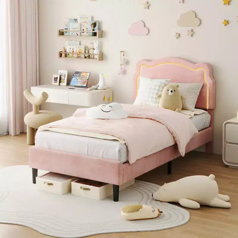 Luxury Velvet Platform Bed Frame with Adjustable Bear Headboard  Noise-Free Upholstered Bed, No Box Spring Required, Modern Bedroom Statement Piece