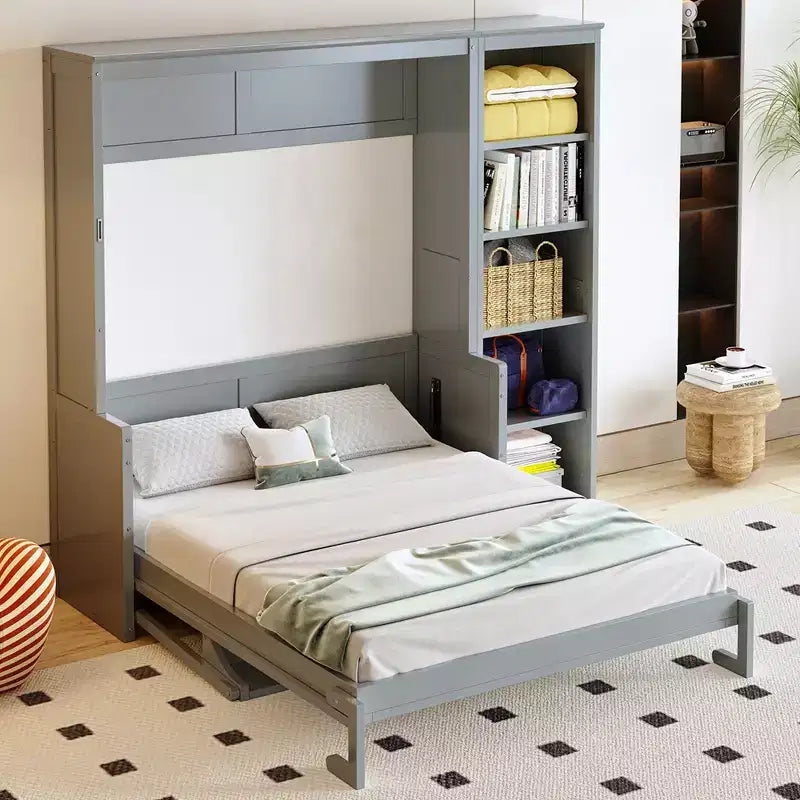 Full/Queen Size Murphy Bed with Bookshelf, Wooden Cabinet Bed Wall Bed with Desk, Folding Wall Chest Bed for Guest Room Office