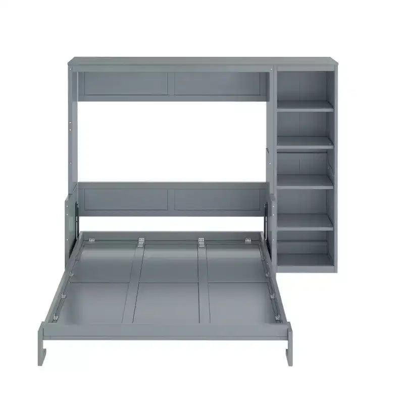 Full/Queen Size Murphy Bed with Bookshelf, Wooden Cabinet Bed Wall Bed with Desk, Folding Wall Chest Bed for Guest Room Office