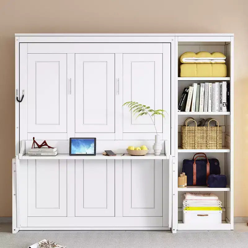 Full/Queen Size Murphy Bed with Bookshelf, Wooden Cabinet Bed Wall Bed with Desk, Folding Wall Chest Bed for Guest Room Office