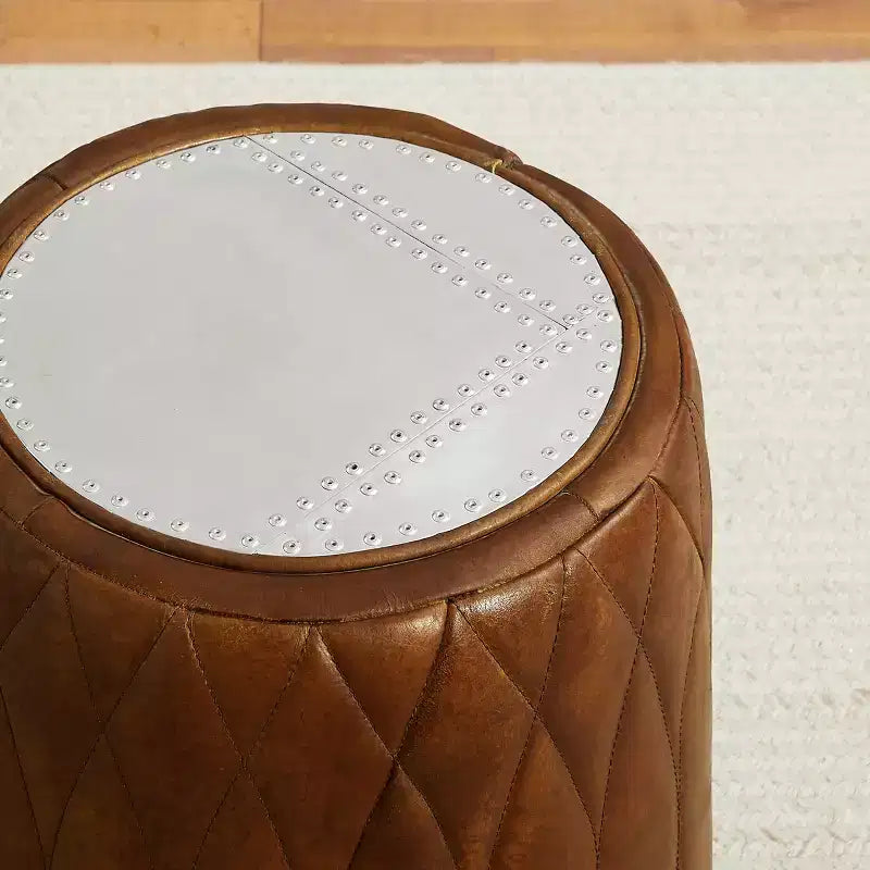 Poggiapiedi industriale in vera pelle e alluminio con design multifunzionale