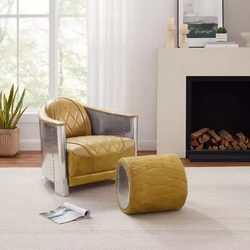 Poggiapiedi industriale in vera pelle e alluminio con design multifunzionale