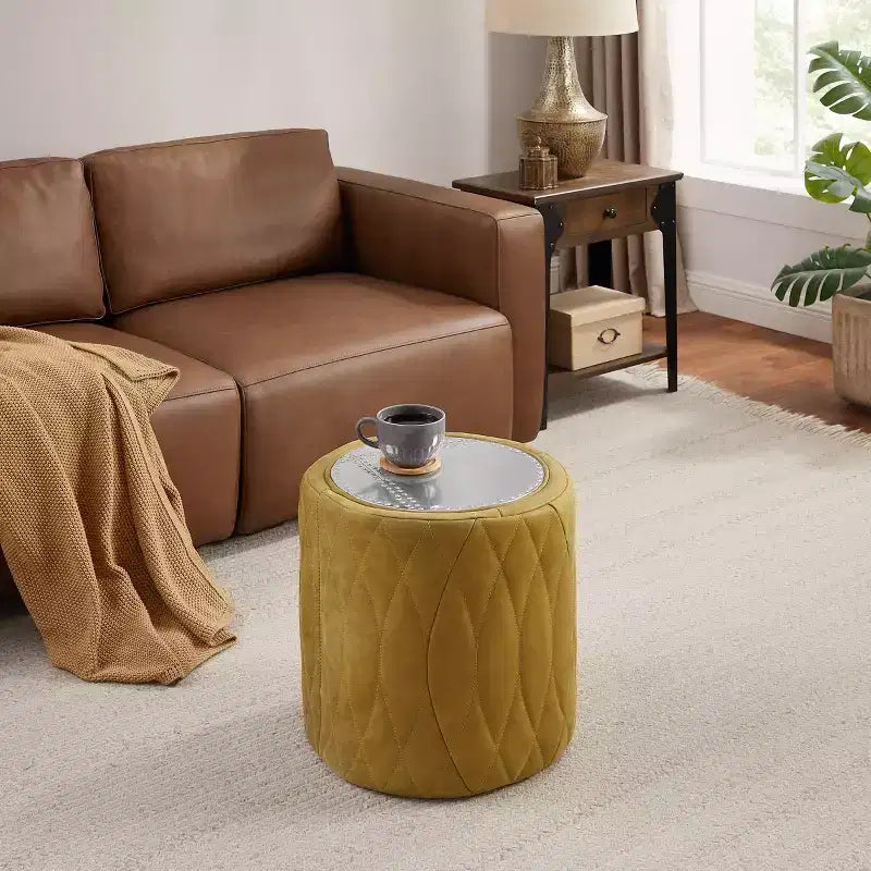Poggiapiedi industriale in vera pelle e alluminio con design multifunzionale