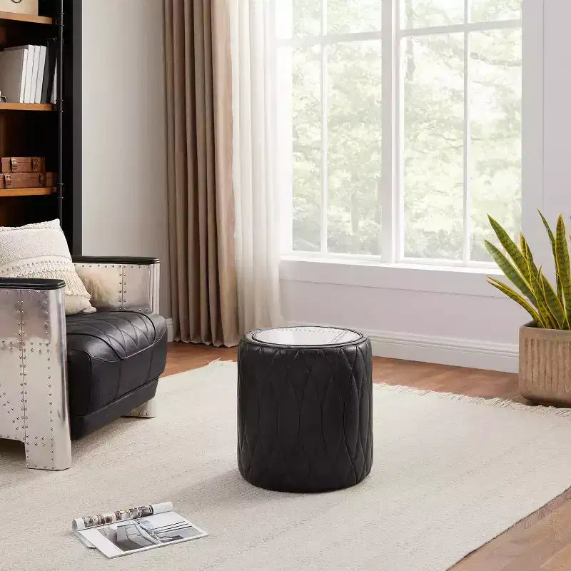 Industrial Genuine Leather and Aluminum Ottoman with Multi-Functional Design