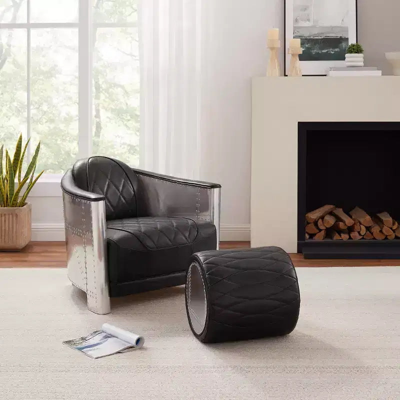 Industrial Genuine Leather and Aluminum Ottoman with Multi-Functional Design
