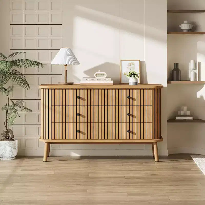 6 Drawer Dresser for Bedroom, Chests of Double Drawers, Boho Wooden Dresser with Black Handles, Beside Table for Closet, Living Room