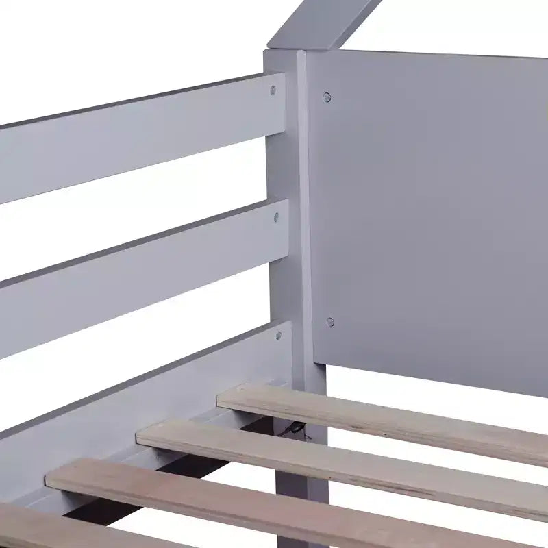 Letto a Castello a una Piazza su Piazza con Testiere e Pediera per Bambini e Ragazzi, Struttura del Letto a Castello in Legno a Forma di Casa con Ringhiera e Scaletta