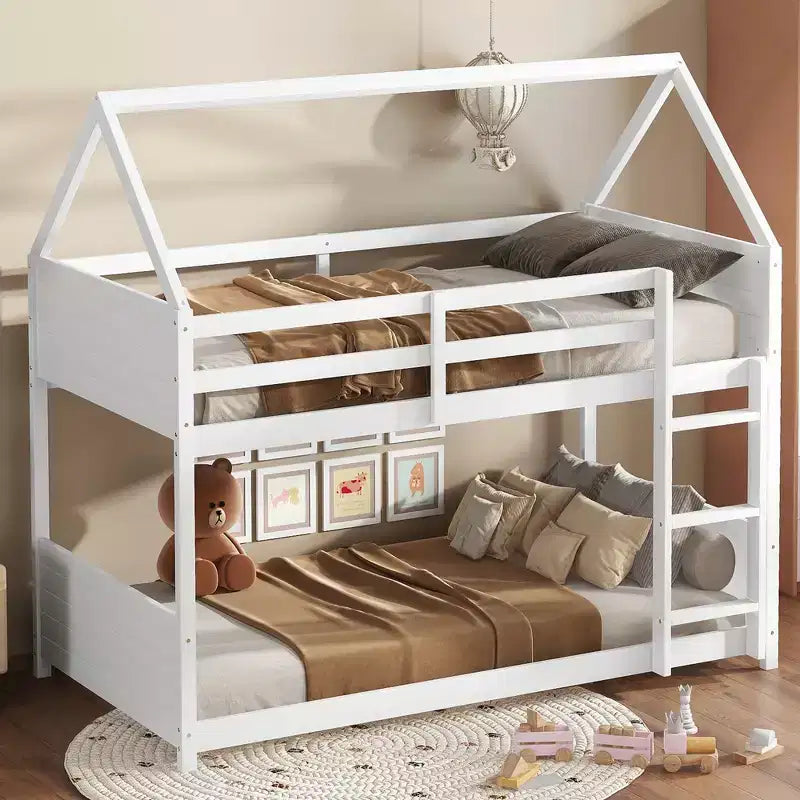 Letto a Castello a una Piazza su Piazza con Testiere e Pediera per Bambini e Ragazzi, Struttura del Letto a Castello in Legno a Forma di Casa con Ringhiera e Scaletta