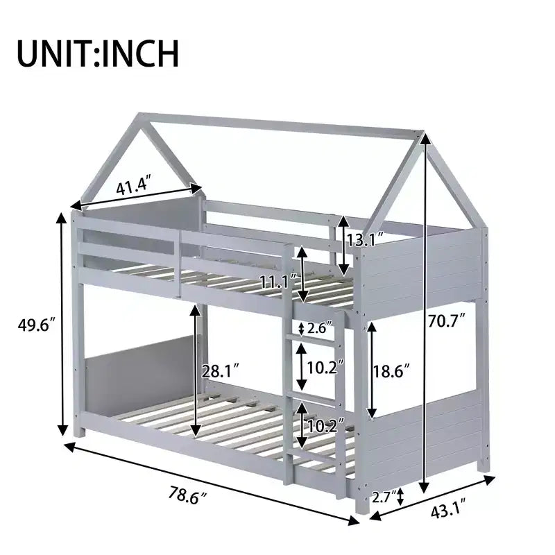Floor Bunk Bed Twin over Twin with Headboards and Footboard for Kids Teens, Wood House Shaped Bunk Bed Frame with Guardrail and Ladder