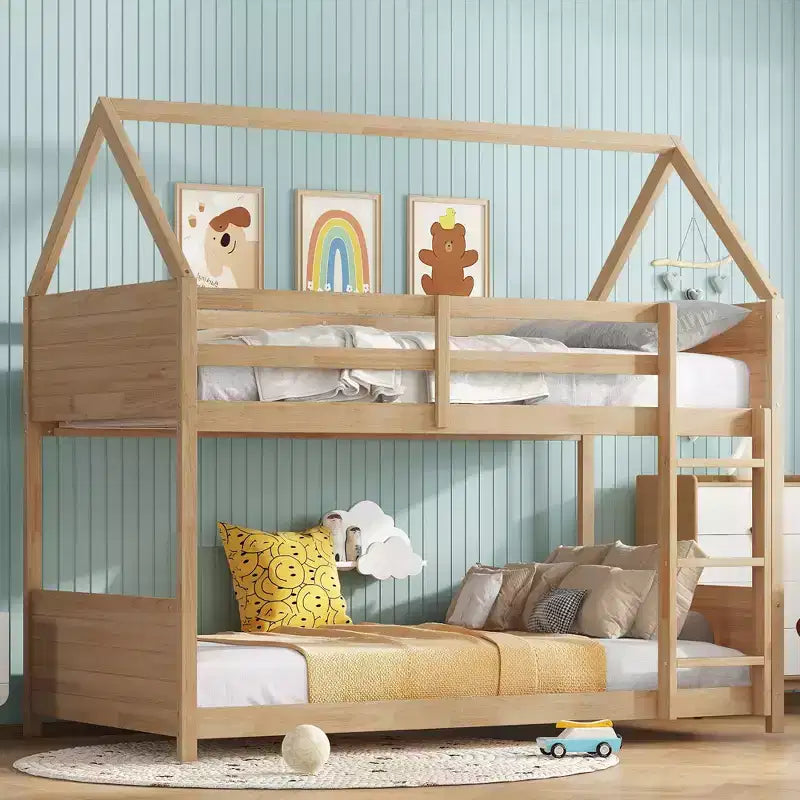 Letto a Castello a una Piazza su Piazza con Testiere e Pediera per Bambini e Ragazzi, Struttura del Letto a Castello in Legno a Forma di Casa con Ringhiera e Scaletta