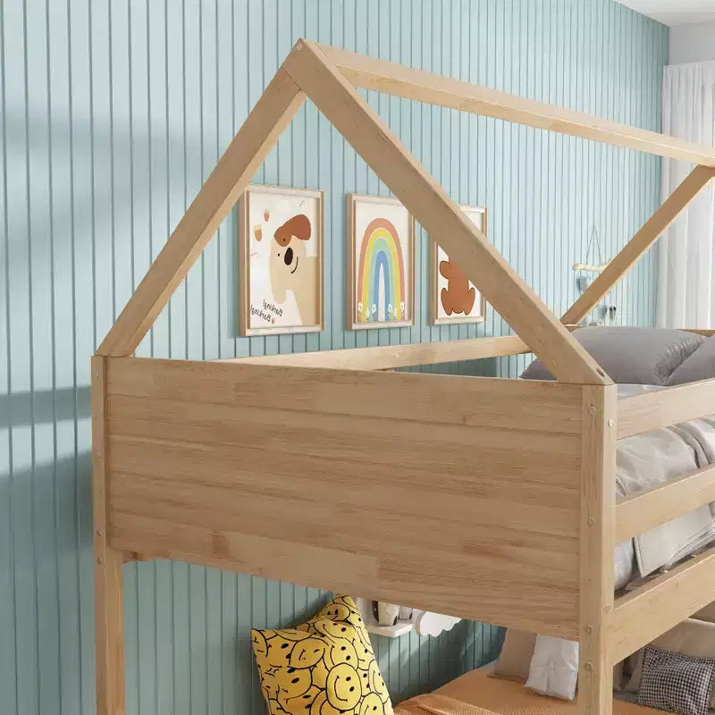 Letto a Castello a una Piazza su Piazza con Testiere e Pediera per Bambini e Ragazzi, Struttura del Letto a Castello in Legno a Forma di Casa con Ringhiera e Scaletta