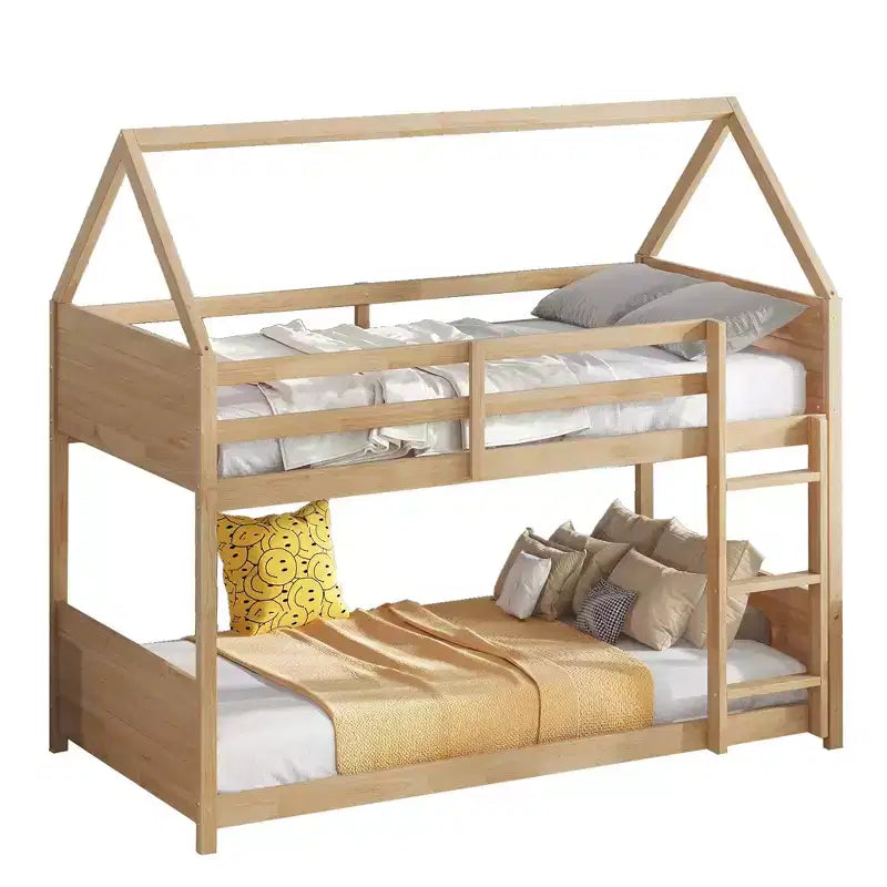 Letto a Castello a una Piazza su Piazza con Testiere e Pediera per Bambini e Ragazzi, Struttura del Letto a Castello in Legno a Forma di Casa con Ringhiera e Scaletta