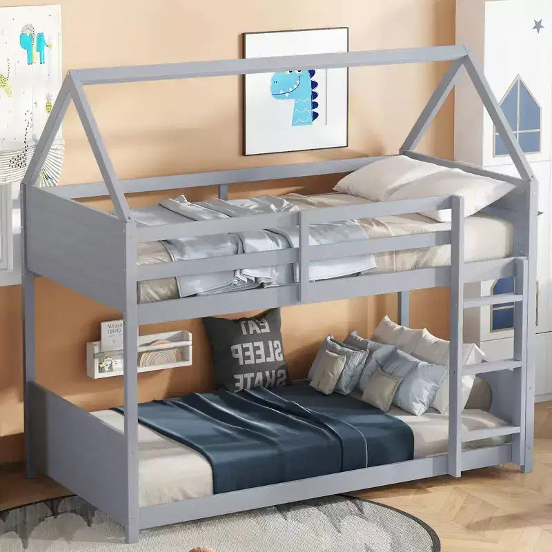 Letto a Castello a una Piazza su Piazza con Testiere e Pediera per Bambini e Ragazzi, Struttura del Letto a Castello in Legno a Forma di Casa con Ringhiera e Scaletta