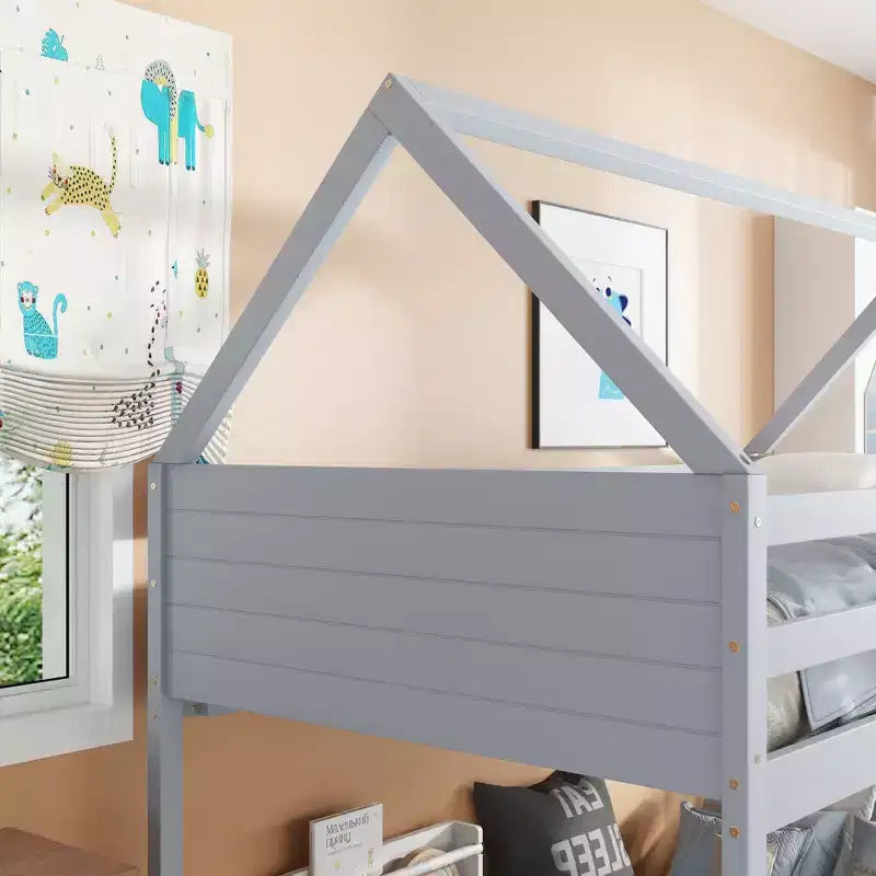 Letto a Castello a una Piazza su Piazza con Testiere e Pediera per Bambini e Ragazzi, Struttura del Letto a Castello in Legno a Forma di Casa con Ringhiera e Scaletta