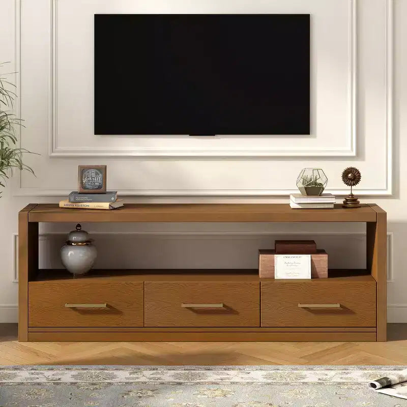 Mobile TV e consolle multimediale scanalata, elegante mobile TV con 3 cassetti, maniglie in metallo minimaliste - Marrone