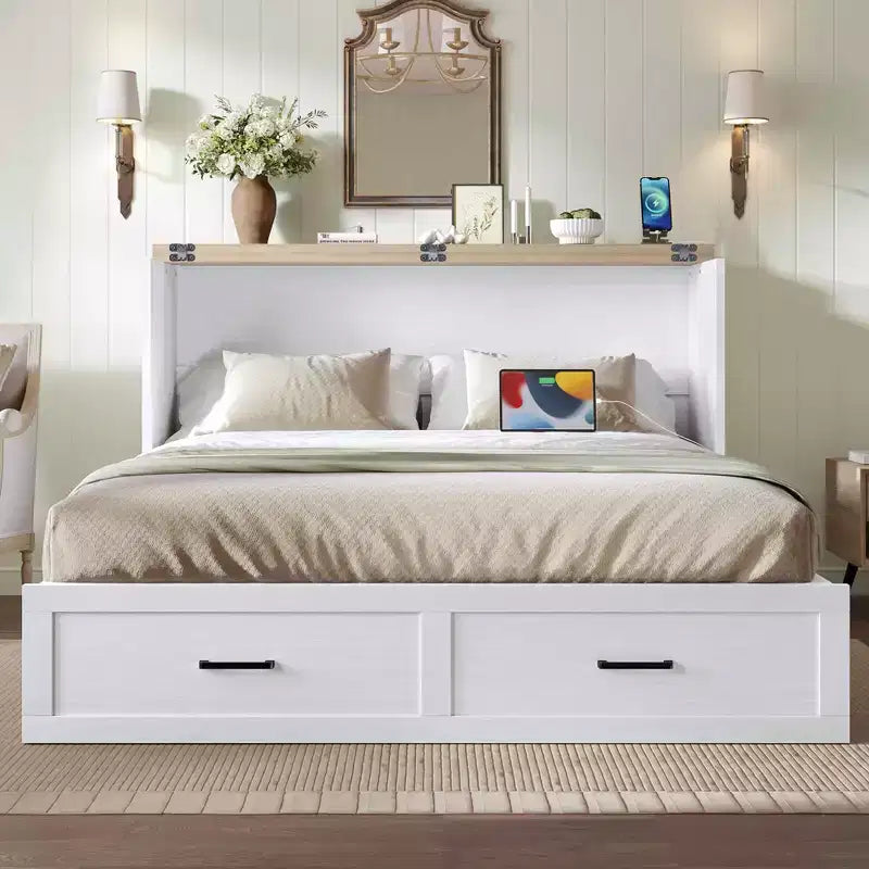 MAYEERTY Queen Size Bed Cabinet with Charging Station Multifunctional Foldable Platform With Storage for Guest Room White