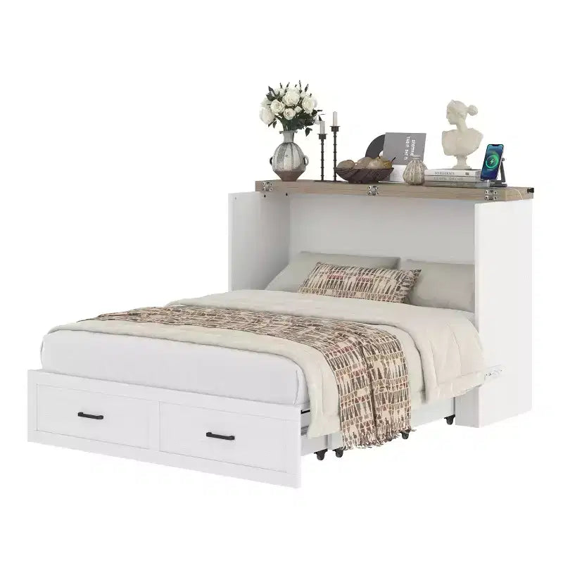 Mobileletto Letto Queen Size con Stazione di Ricarica, Piattaforma Pieghevole Multifunzionale con Contenitore per Camera degli Ospiti, Bianco