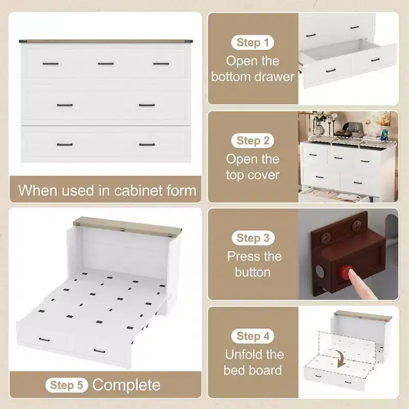 Mobileletto Letto Queen Size con Stazione di Ricarica, Piattaforma Pieghevole Multifunzionale con Contenitore per Camera degli Ospiti, Bianco