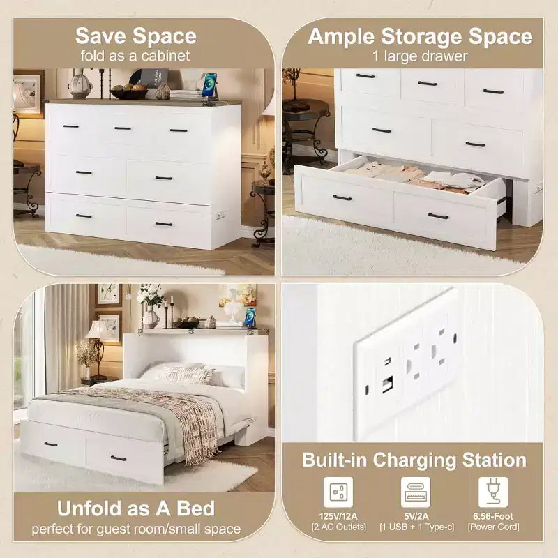 Mobileletto Letto Queen Size con Stazione di Ricarica, Piattaforma Pieghevole Multifunzionale con Contenitore per Camera degli Ospiti, Bianco