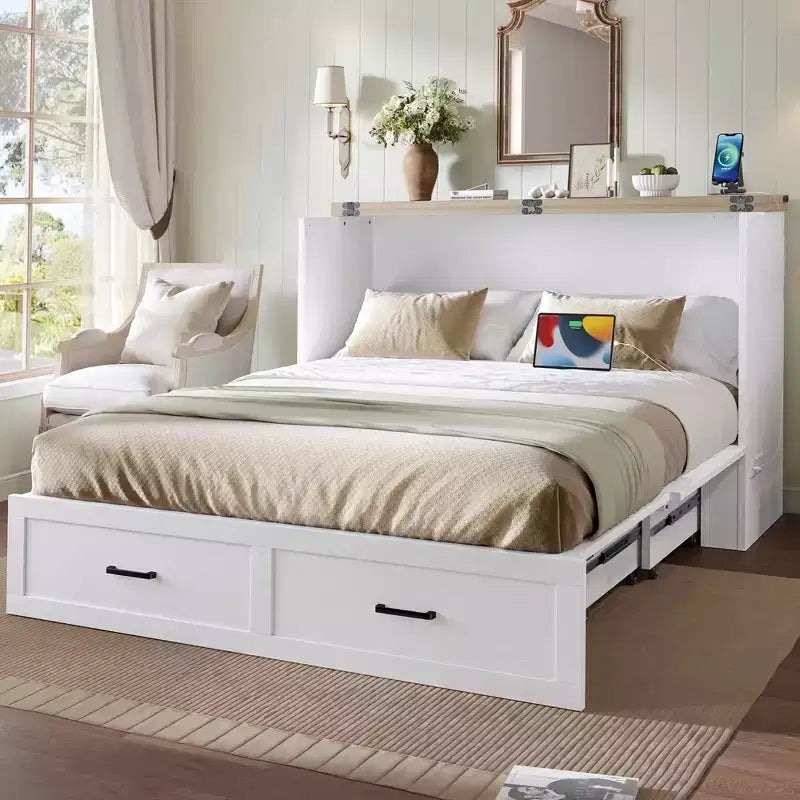 Queen Size Bed Cabinet with Charging Station, Multifunctional Foldable Platform with Storage for Guest Room, White