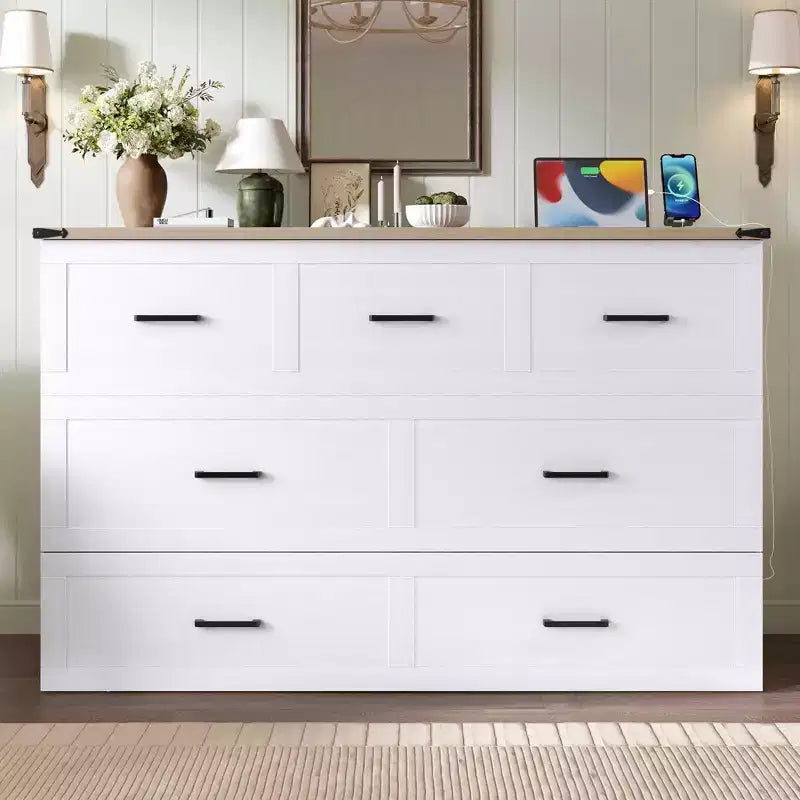 Queen Size Bed Cabinet with Charging Station, Multifunctional Foldable Platform with Storage for Guest Room, White