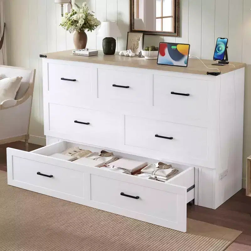 Queen Size Bed Cabinet with Charging Station, Multifunctional Foldable Platform with Storage for Guest Room, White