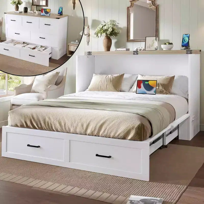 Mobileletto Letto Queen Size con Stazione di Ricarica, Piattaforma Pieghevole Multifunzionale con Contenitore per Camera degli Ospiti, Bianco