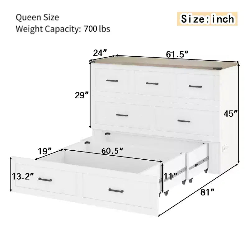 Mobileletto Letto Queen Size con Stazione di Ricarica, Piattaforma Pieghevole Multifunzionale con Contenitore per Camera degli Ospiti, Bianco
